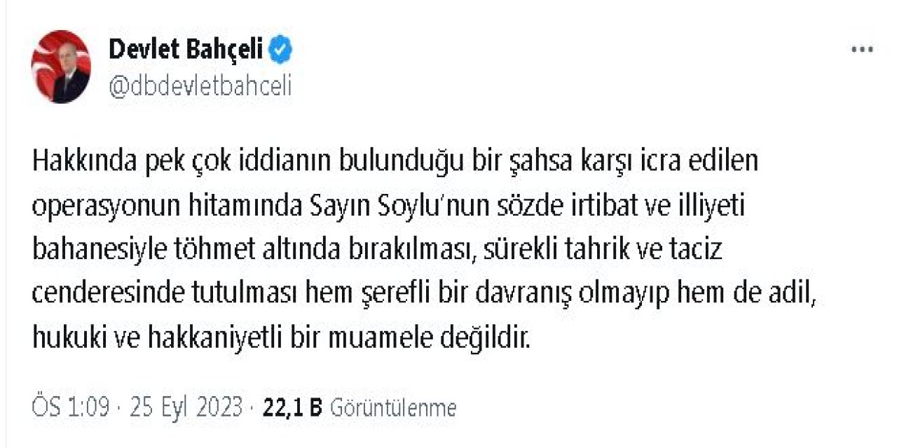 Bahçeli: Mhp, Süleyman Soylu'nun Sonuna Kadar Arkasındadır