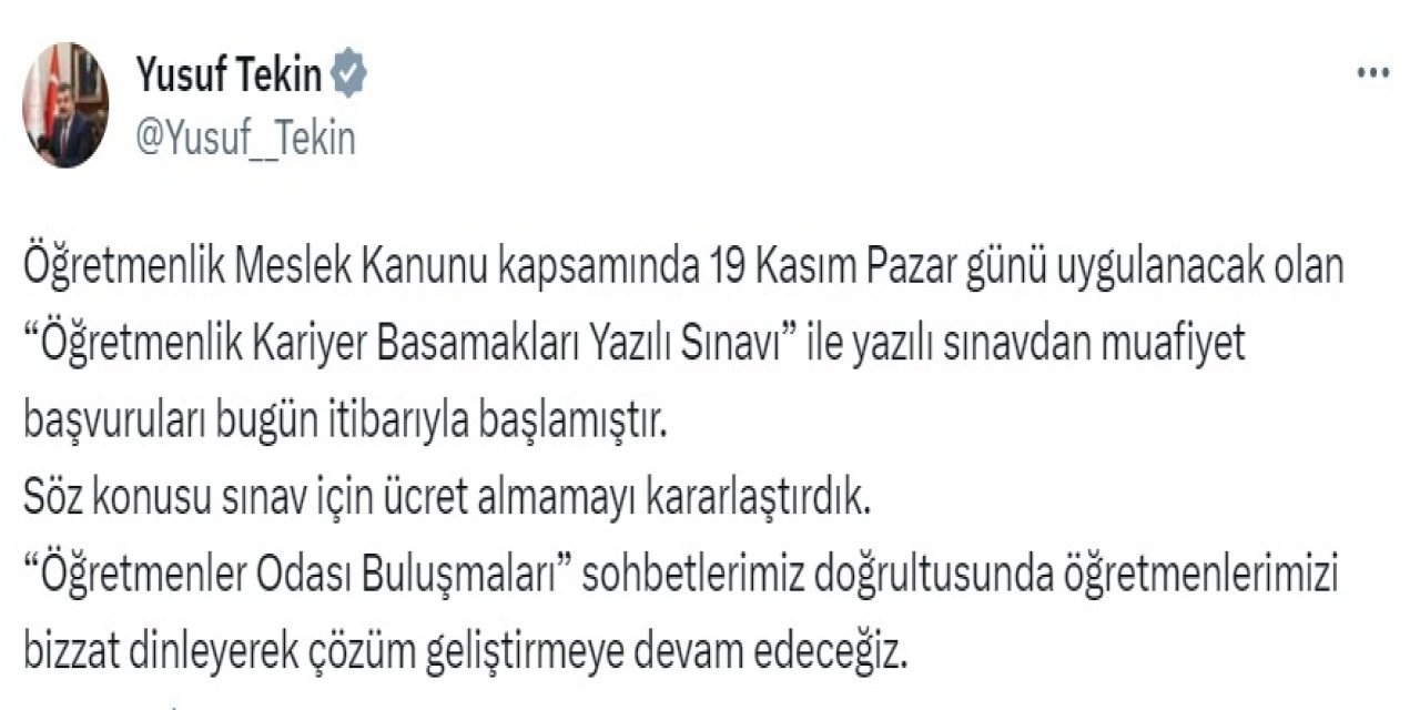 Bakan Tekin: Öğretmenlik Kariyer Basamakları Sınavı İçin Ücret Alınmayacak