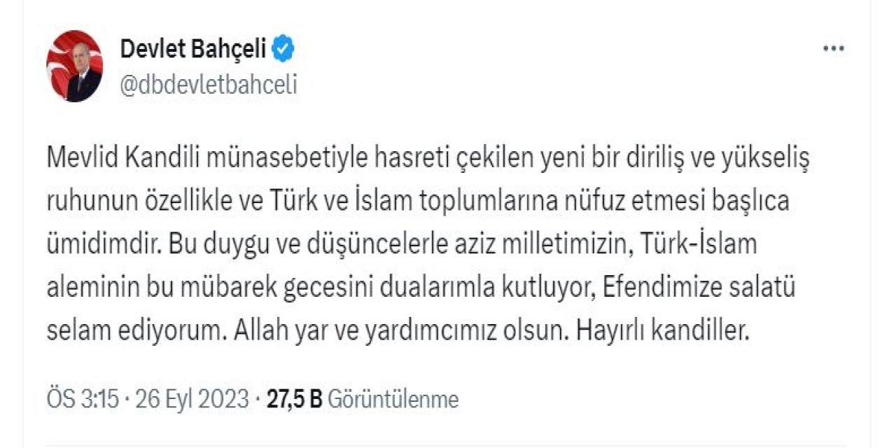 Bahçeli'den, 'Mevlit Kandili' Mesajı
