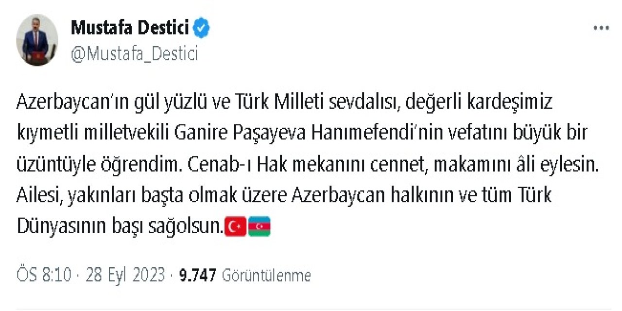 Destici'den, Azerbaycanlı Milletvekili Paşayeva İçin Taziye Mesajı