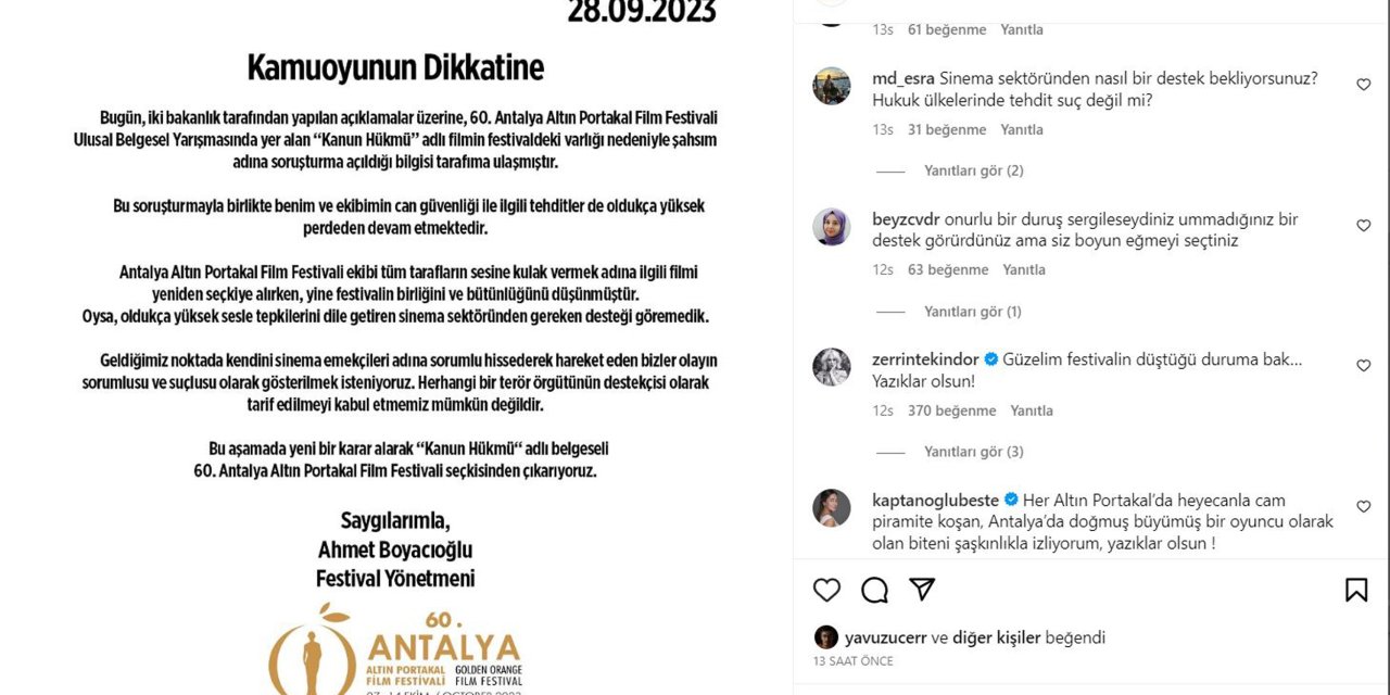 'Kanun Hükmü' Filminin Yeniden Seçkiden Çıkarılmasına Altın Portakallı Sanatçılardan Tepki