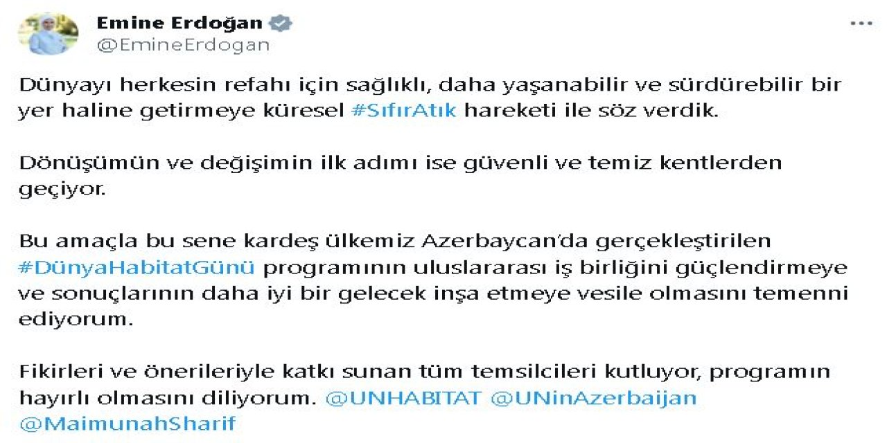 Emine Erdoğan'dan, 'Dünya Habitat Günü' Programına Tebrik Mesajı