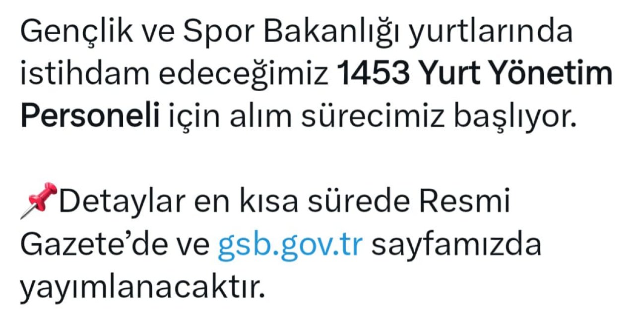 Gençlik Ve Spor Bakanlığı, 1453 Yurt Yönetim Personeli Alacak