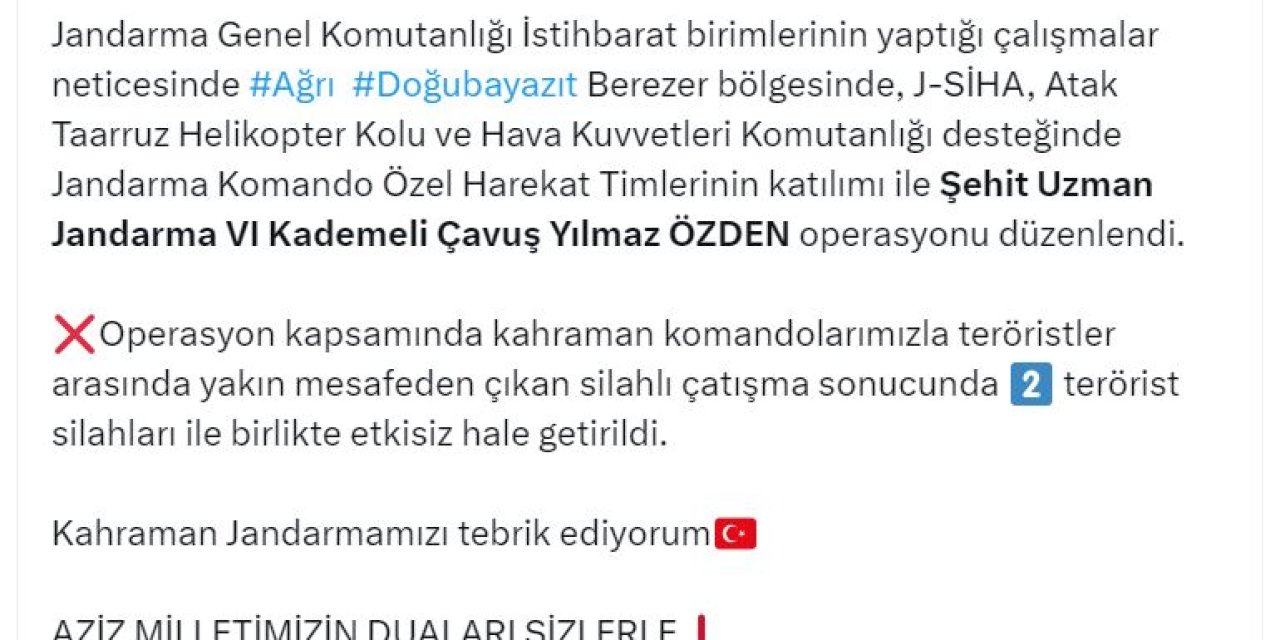 Bakan Yerlikaya: Ağrı'da 2 Terörist Etkisiz Hale Getirildi