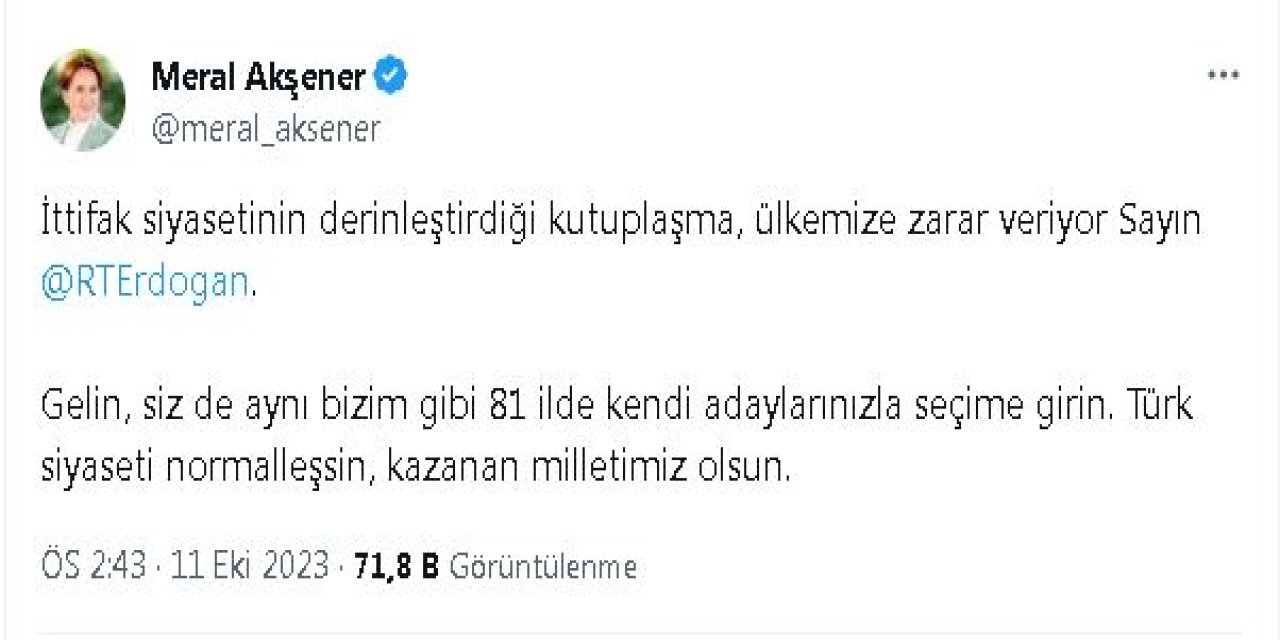 Akşener'den Cumhurbaşkanı Erdoğan'a 'İttifak' Yanıtı