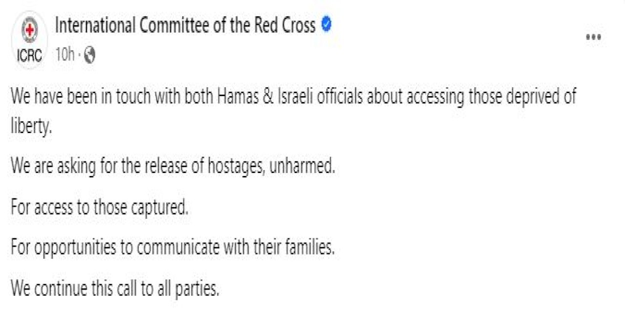 Uluslararası Kızılhaç Komitesi: Hamas Ve İsrail İle Rehineler İçin Görüşme Halindeyiz