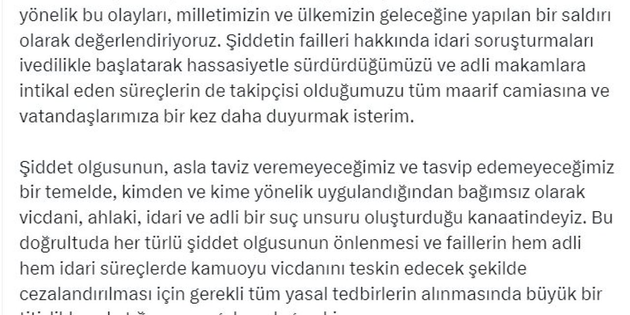 Bakan Tekin: Öğretmenlerimize Yönelik Şiddet Ülkemizin Geleceğine Saldırıdır