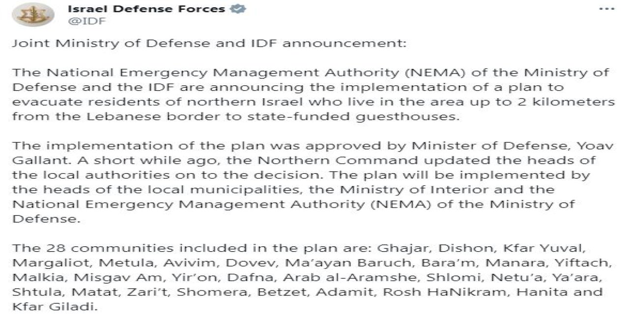 İsrail: Kuzeydeki 28 Yerleşim Yeri Tahliye Edilecek