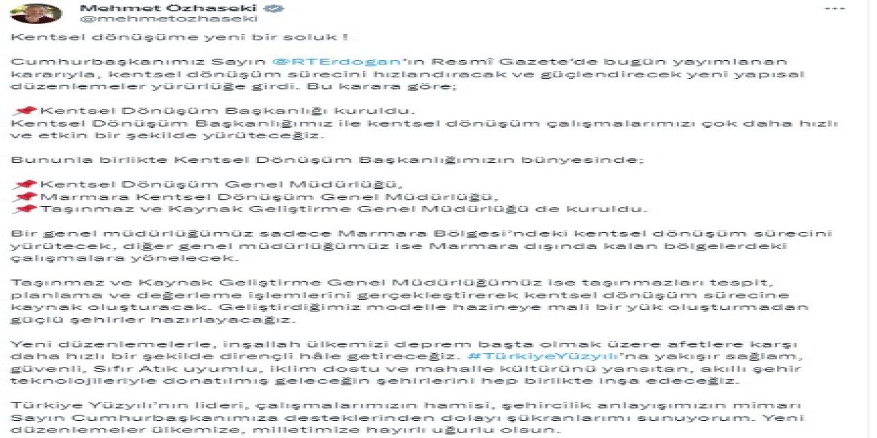 'Kentsel Dönüşüm Başkanlığı' Kuruldu