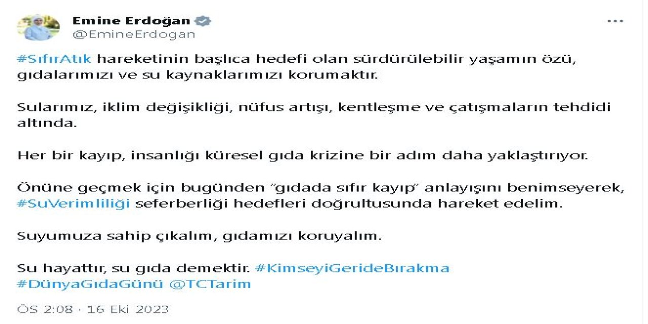 Emine Erdoğan'dan 'Dünya Gıda Günü' Mesajı