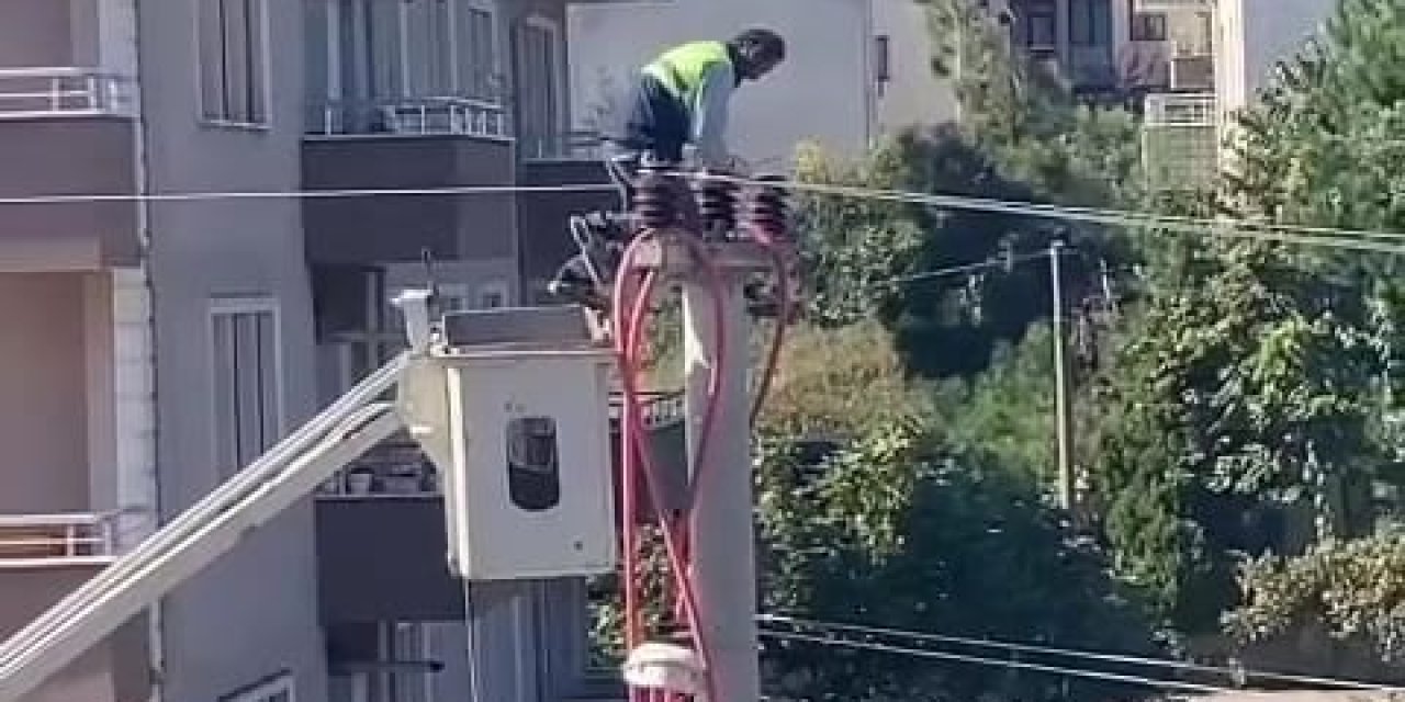 Kocaeli'de Elektrik Direği Üzerinde Tehlikeli Çalışma