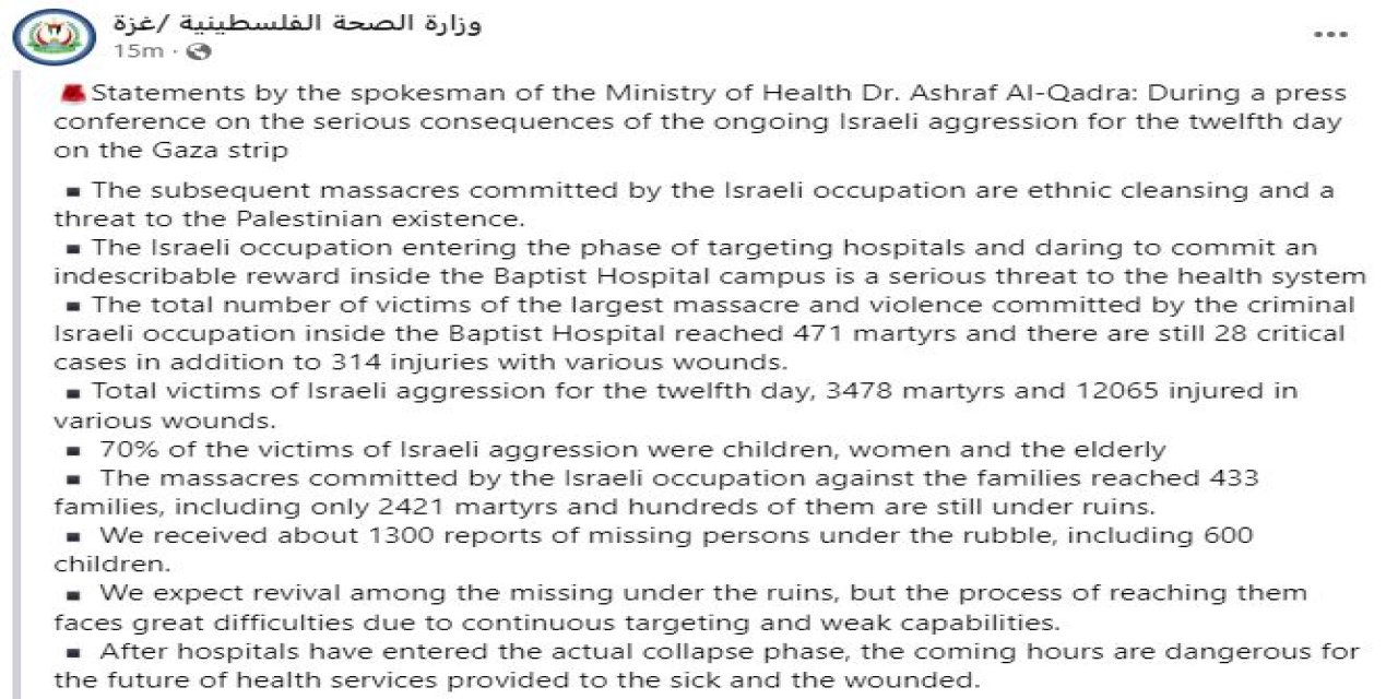 Filistin Sağlık Bakanlığı: 3 Bin 478 Sivil Öldü, 12 Bin 65 Sivil Yaralandı