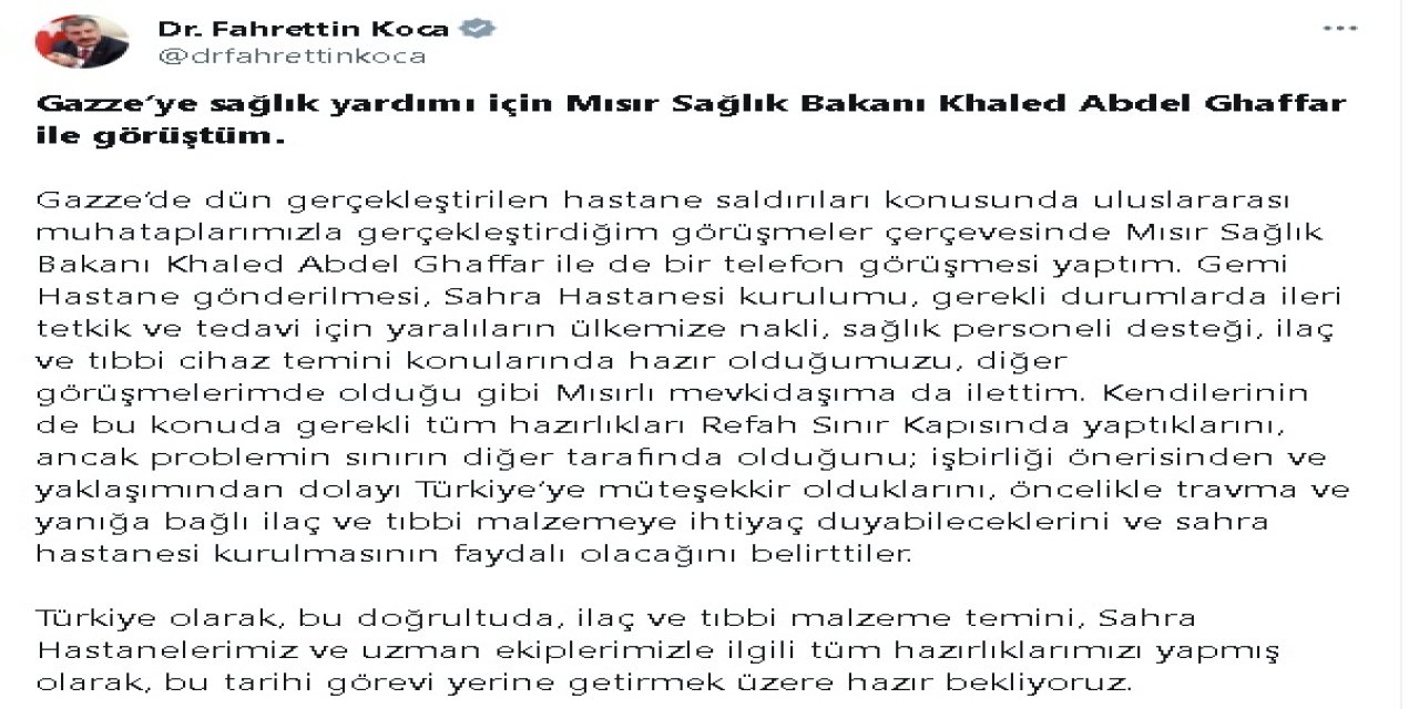 Bakan Koca, Gazze'ye Sağlık Yardımı İçin Mısır Sağlık Bakanı Ghaffar İle Görüştü
