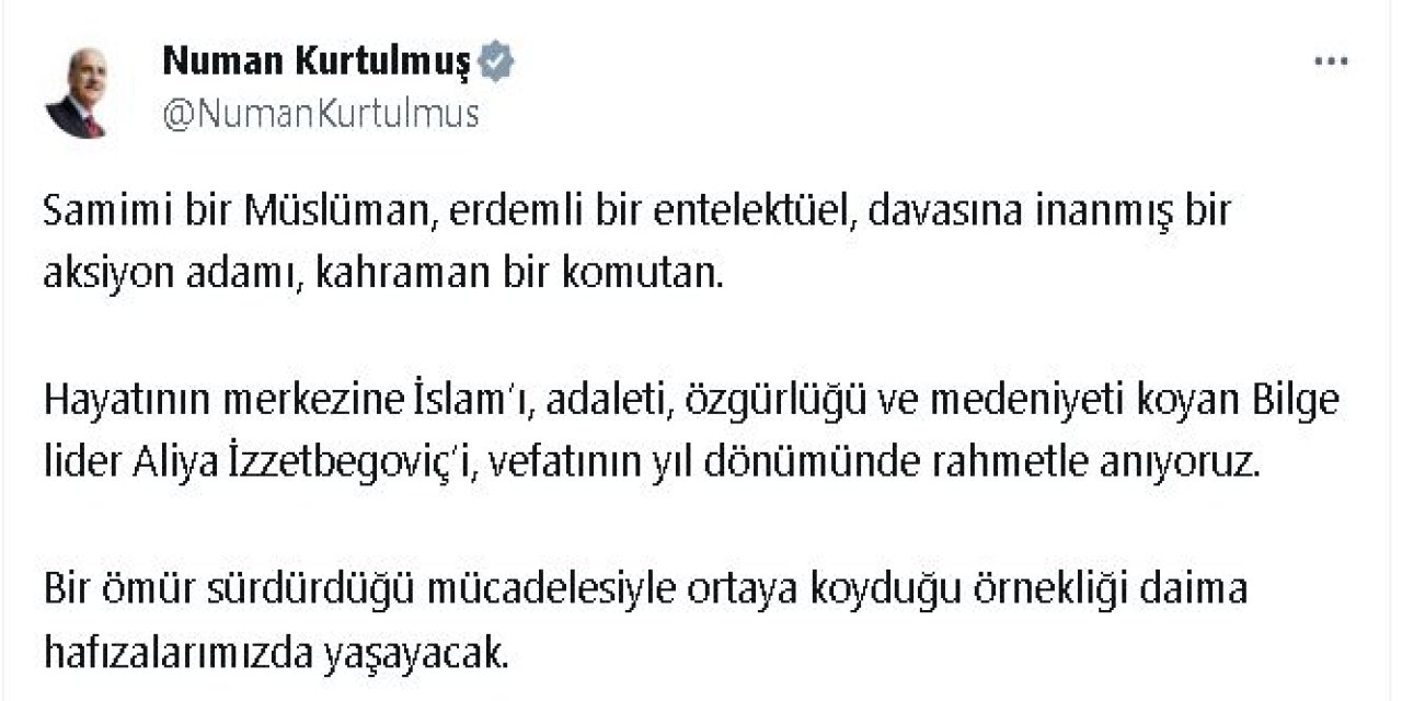 Tbmm Başkanı Kurtulmuş, Aliya İzzetbegoviç'i Andı