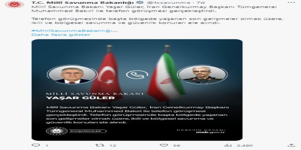 Bakan Güler, İran Genelkurmay Başkanı Bakıri İle Görüştü