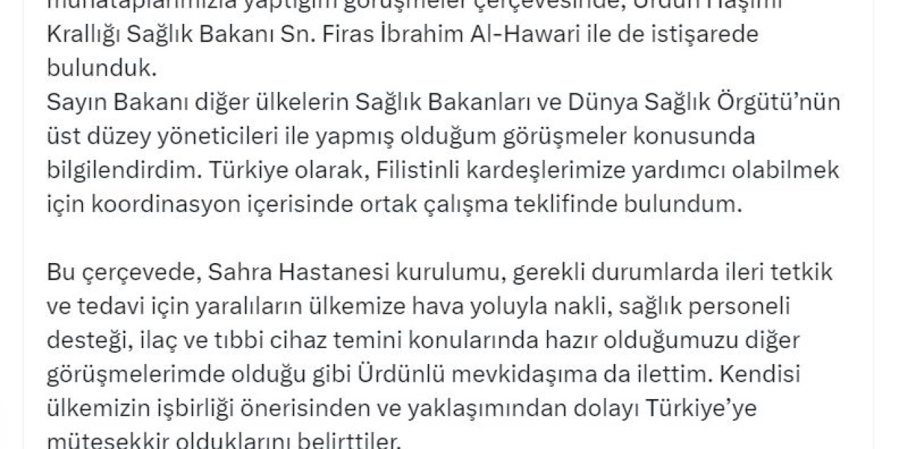 Bakan Koca: Gazze'ye Yardım İçin Koordinasyon Amaçlı Görüşmelere Başlıyoruz