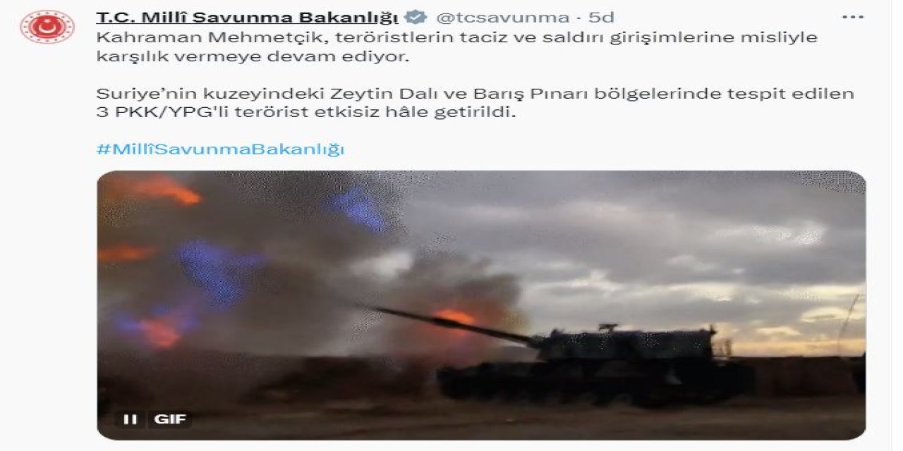 Msb: 3 Pkk/ypg'li Terörist Etkisiz Hale Getirildi