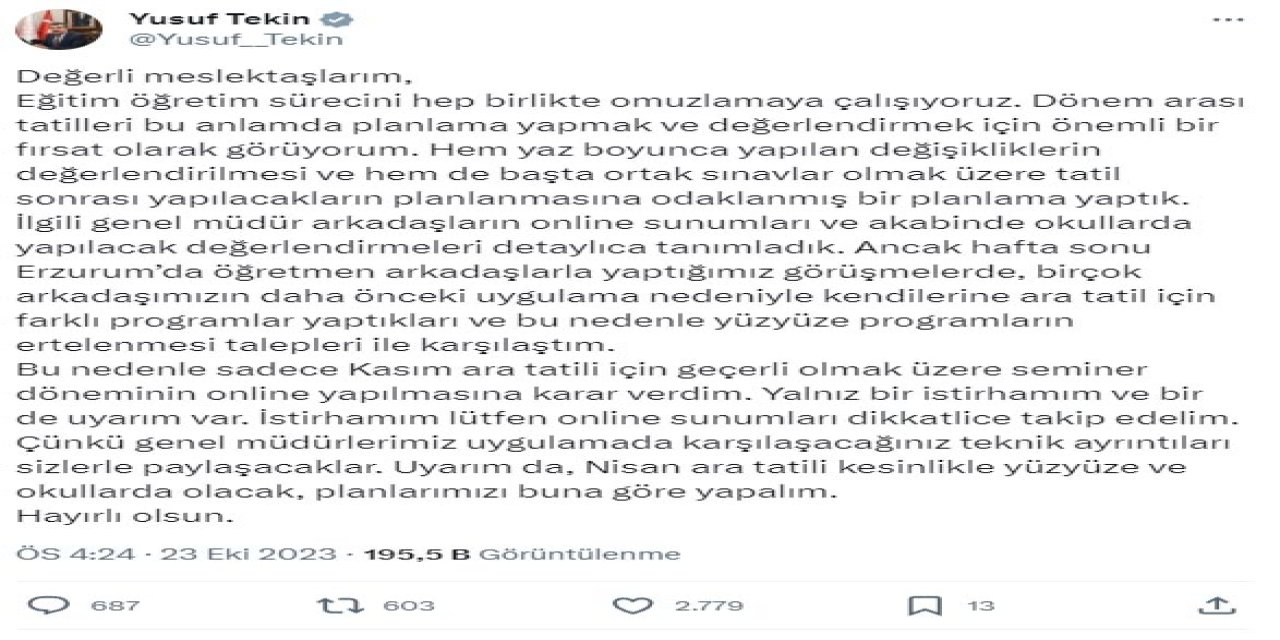 Bakan Tekin: Kasım Ara Tatilinde Seminer Dönemi Online Yapılacak