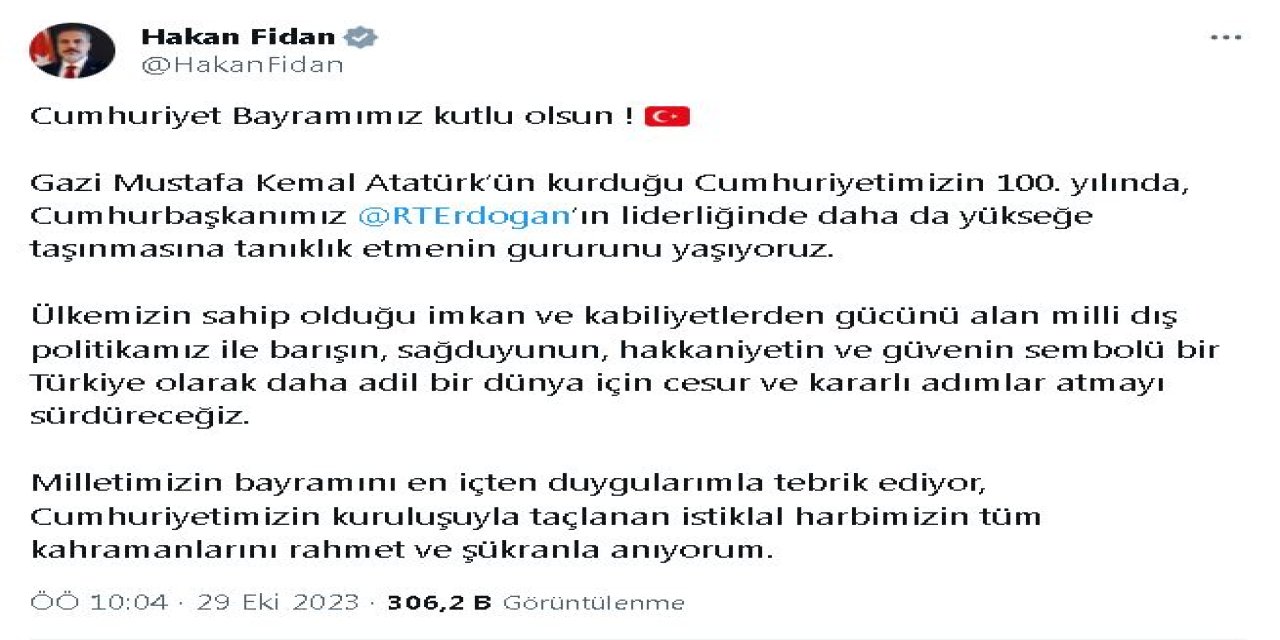 Bakan Fidan'dan, 'Cumhuriyet Bayramı' Mesajı