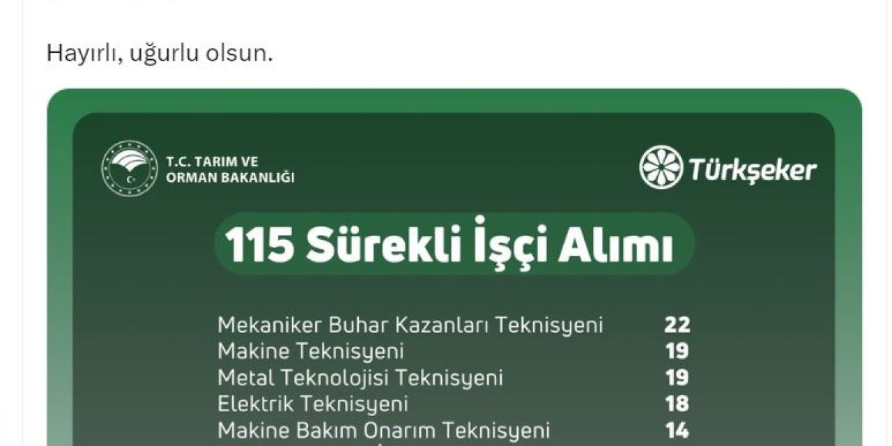 Bakan Yumaklı: Türkşeker'e 115 İşçi Alınacak