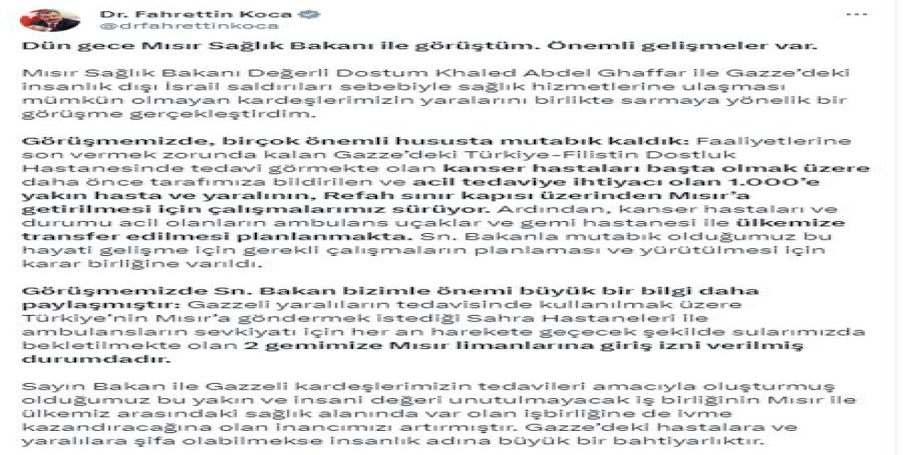 Bakan Koca: 2 Gemimizin Mısır Limanlarına Girişine İzin Verildi