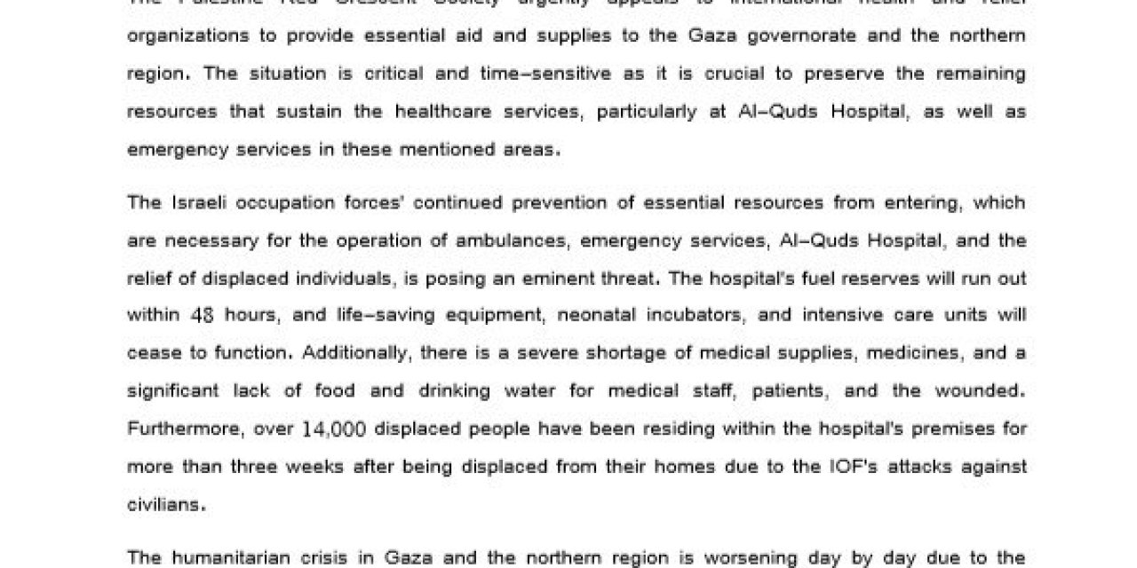 Filistin Kızılayı: Yaklaşık 48 Saatlik Yakıtımız Kaldı, Tüm Üniteler Çalışmaz Hale Gelecek