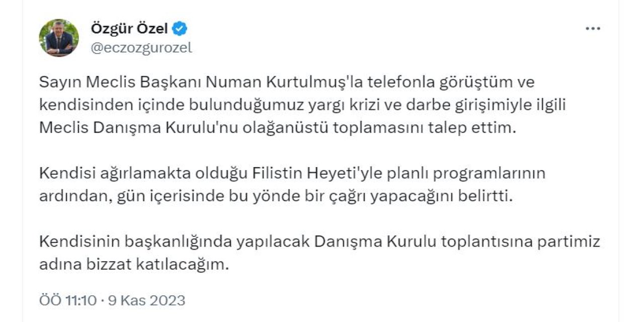 Özgür Özel: Meclis Başkanından, Meclis Danışma Kurulu'nu Olağanüstü Toplamasını İstedim