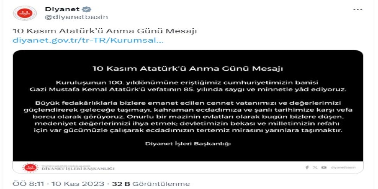 Diyanet'ten '10 Kasım Atatürk'Ü Anma Günü' Mesajı