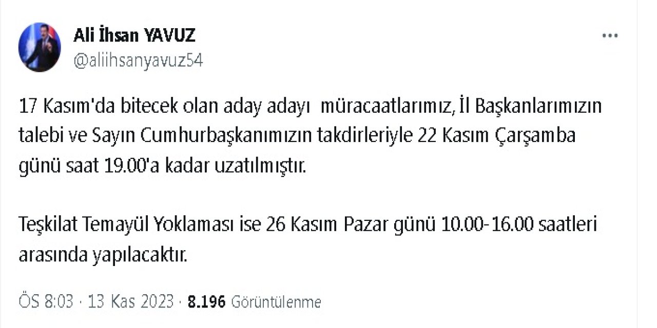 Ak Parti’de Yerel Seçim Aday Adayı Müracaat Tarihi Uzatıldı