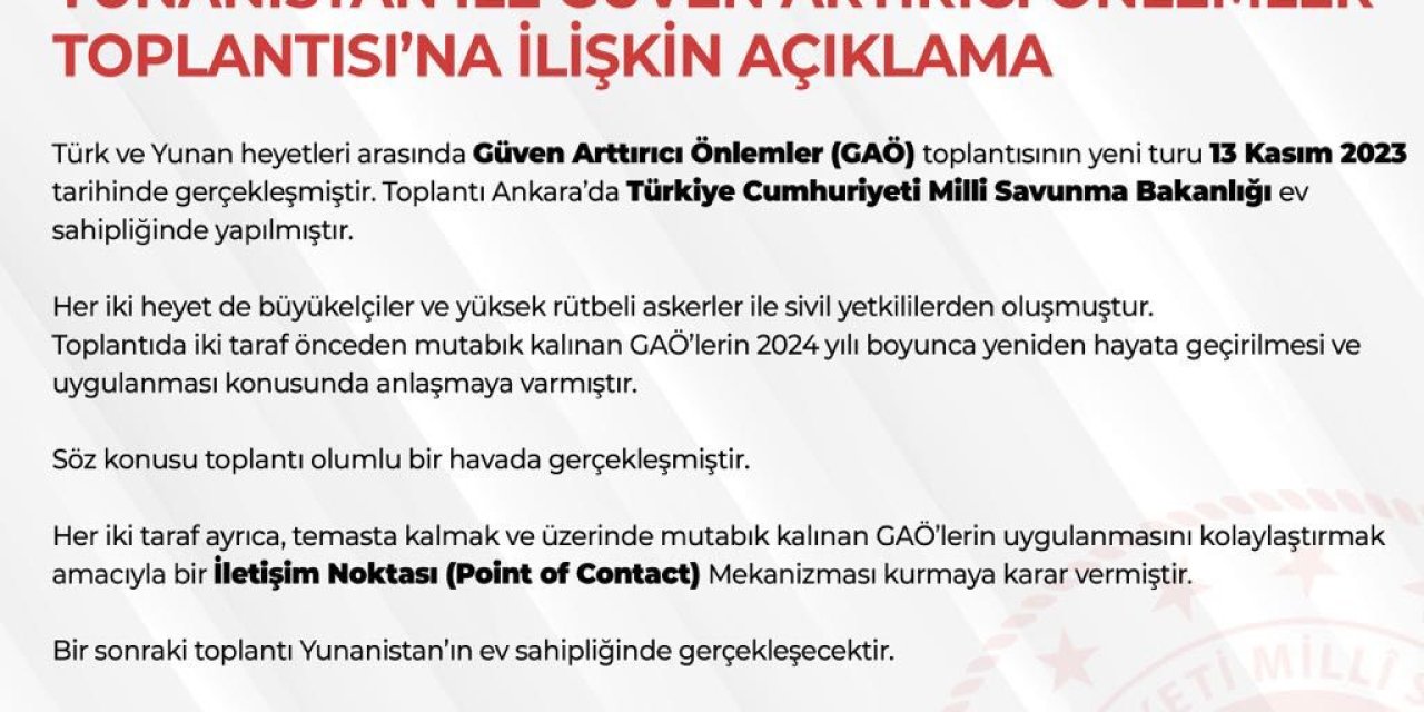 Türkiye İle Yunanistan Arasında Güven Arttırıcı Önlemler Toplantısı Gerçekleştirildi