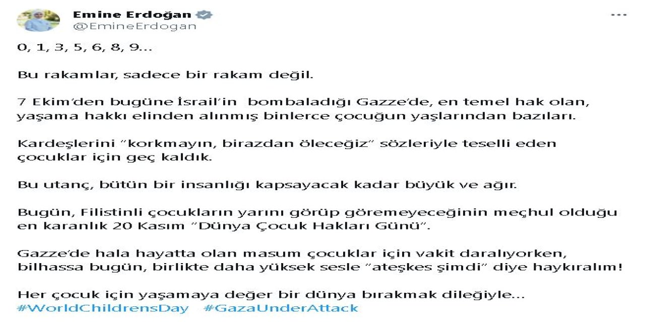 Emine Erdoğan'dan Dünya Çocuk Hakları Günü'nde 'Ateşkes' Çağrısı