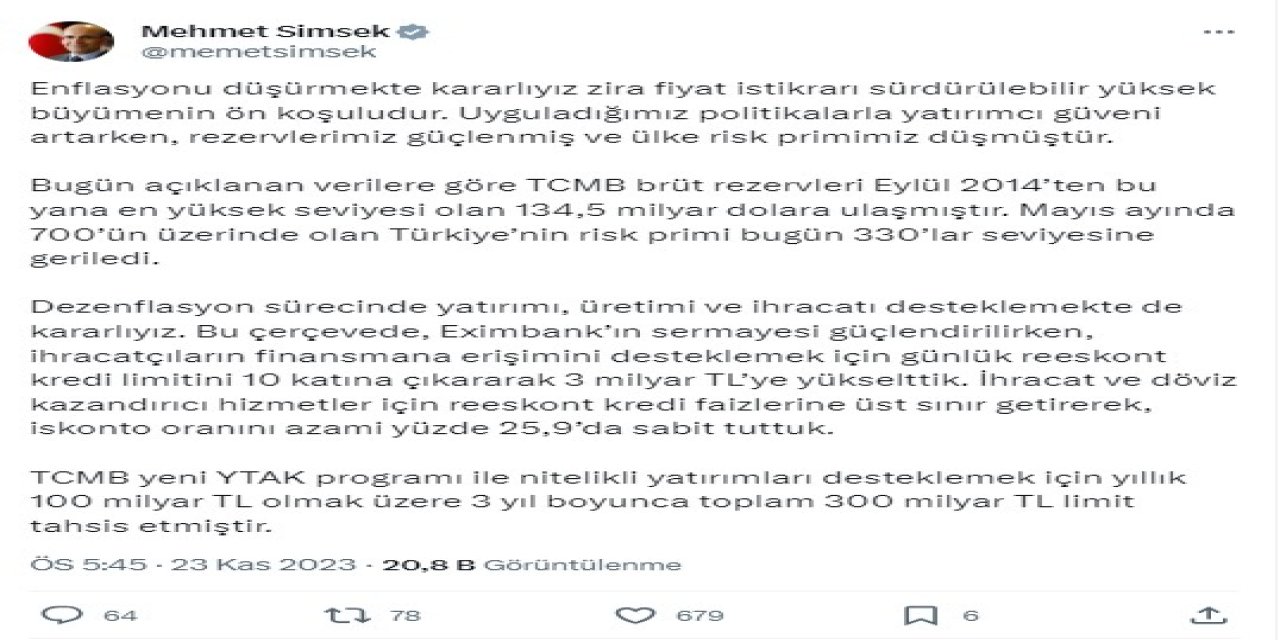 Bakan Şimşek: Uyguladığımız Politikalarla Rezervlerimiz Güçlenmiş Ve Ülke Risk Primimiz Düşmüştür