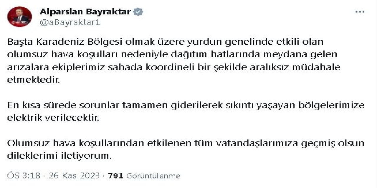 Bakan Bayraktar: Dağıtım Hatlarındaki Arızalara Müdahale Edilmektedir