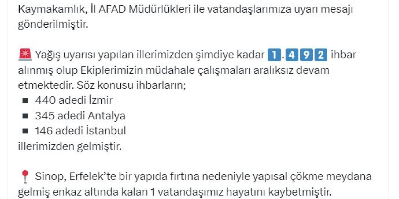 Afad: Yurt Genelindeki Fırtınada 2 Kişi Öldü, 4'ü Asker 10 Kişi Yaralandı