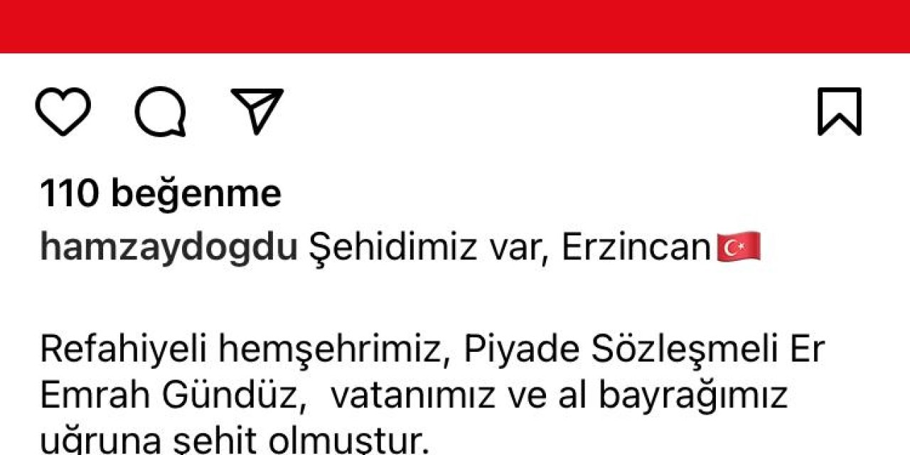 Erzincan’a Şehit Ateşi Düştü