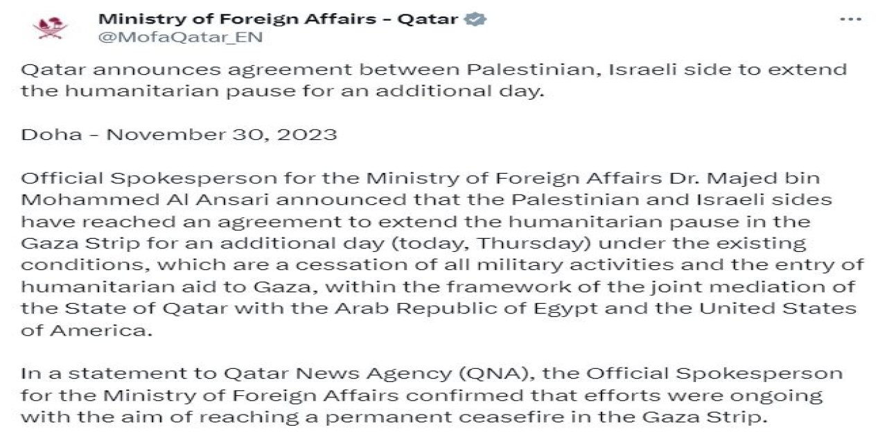 Katar: Gazze’deki İnsani Duraklama Bir Gün Daha Uzatıldı