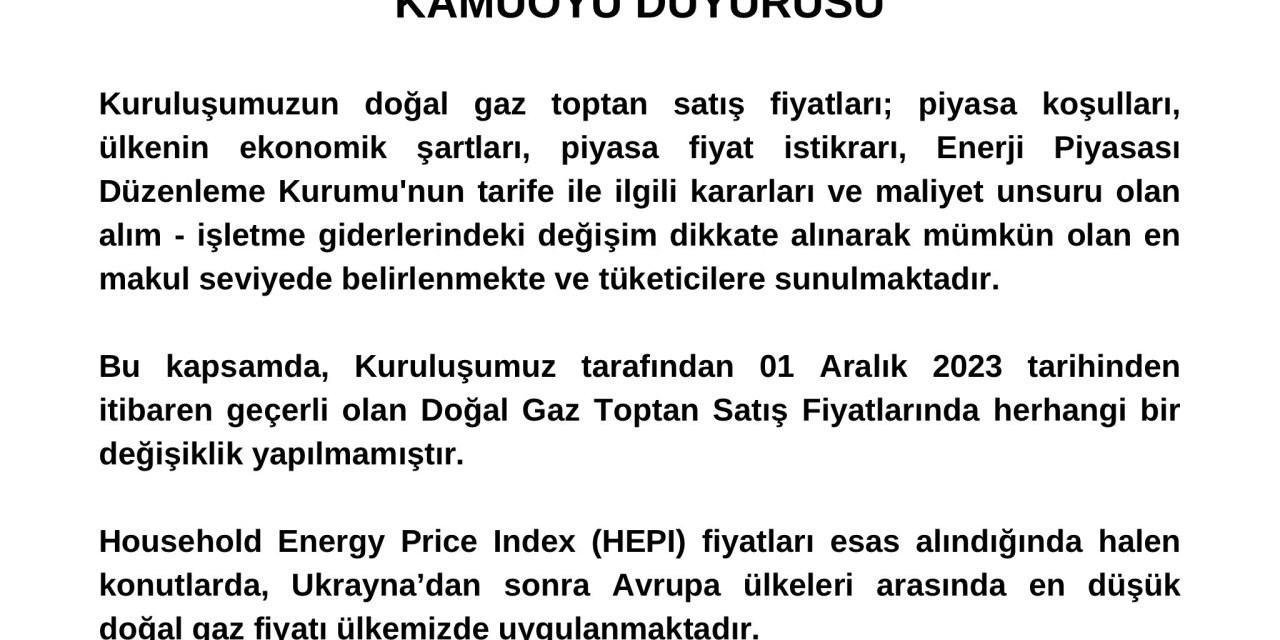 Botaş: Aralıkta Doğal Gaz Fiyatlarında Değişik Yapılmadı