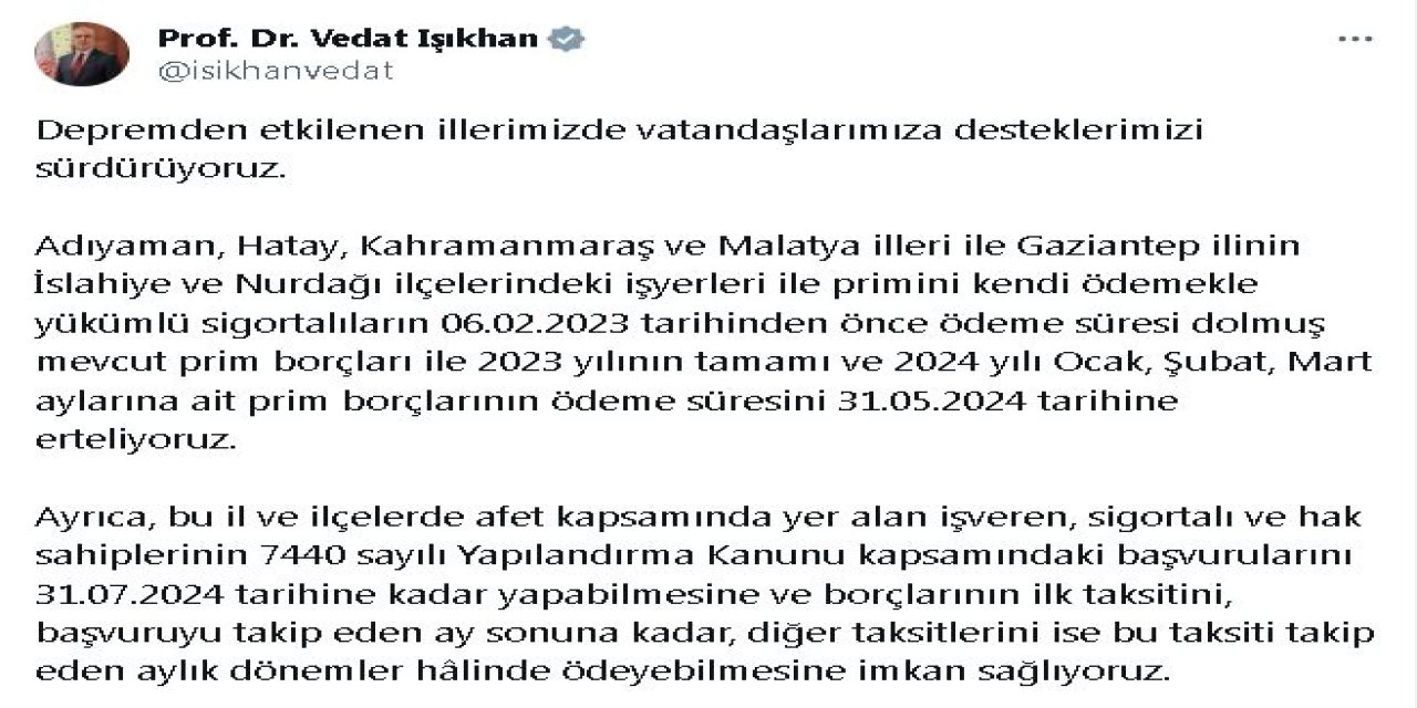 Deprem Bölgesindeki Sigortalıların Prim Borcu Ödeme Süresi 31 Mayıs'a Ertelendi