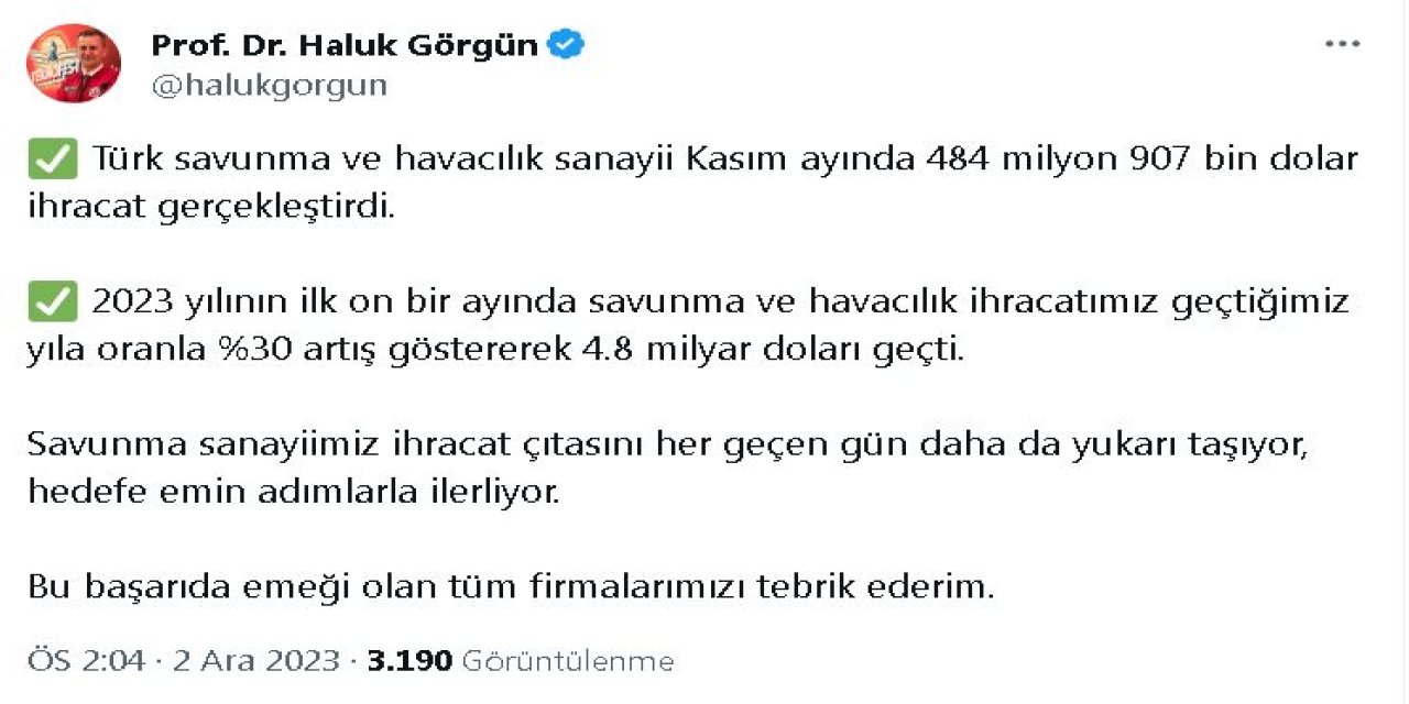Savunma Ve Havacılık Sanayisi, Kasımda 484 Milyon 907 Bin Dolar İhracat Yaptı
