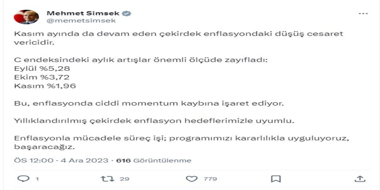 Bakan Şimşek: Çekirdek Enflasyondaki Düşüş Cesaret Verici