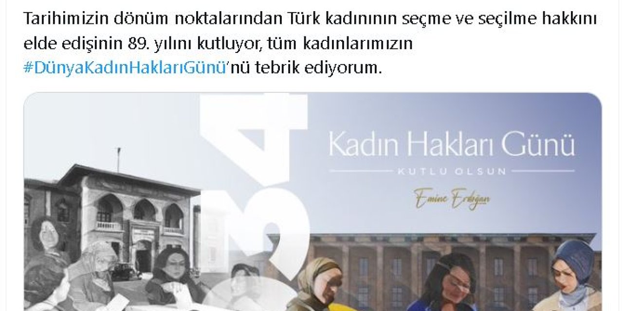 Emine Erdoğan: Tüm Kadınlarımızın Dünya Kadın Hakları Günü'nü Tebrik Ediyorum