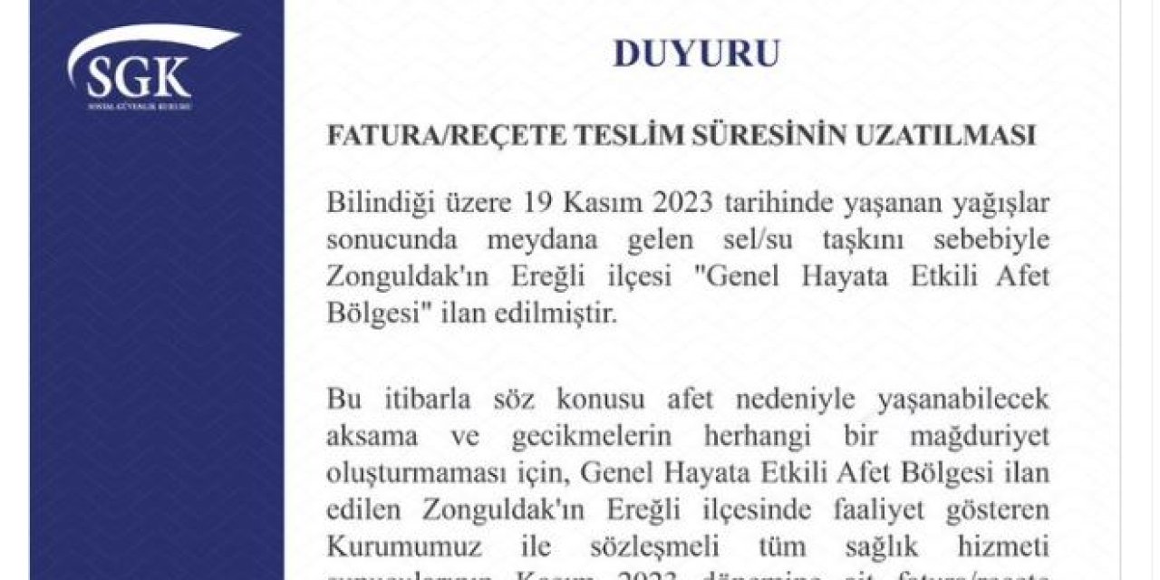 Sgk: Zonguldak'ın Ereğli İlçesinde Fatura/reçete Teslim Süresi Uzatıldı