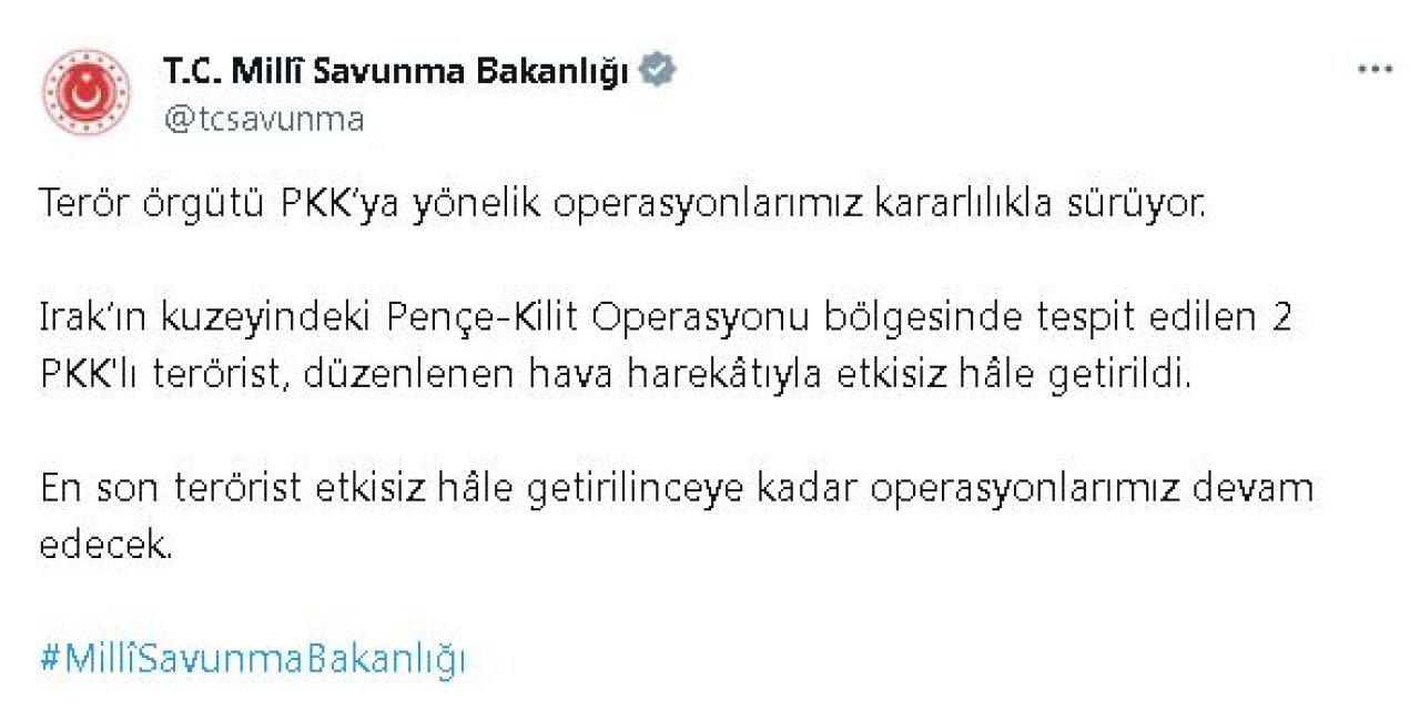Msb: Irak'ın Kuzeyinde 2 Terörist Etkisiz Hale Getirildi