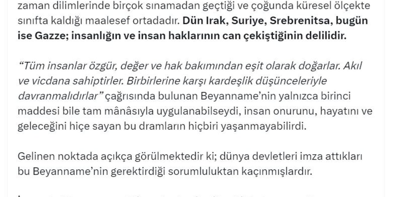 Kurtulmuş: Dünya İnsan Hakları Günü'nün Tüm Dünya İçin Bir Çıkış Kapısı Olmasını Diliyorum