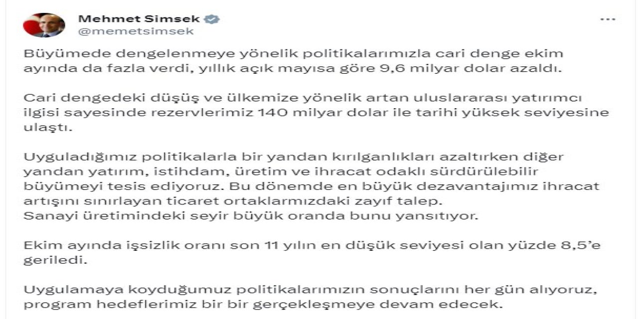 Bakan Şimşek: Uyguladığımız Politikalarla Sürdürülebilir Büyümeyi Tesis Ediyoruz