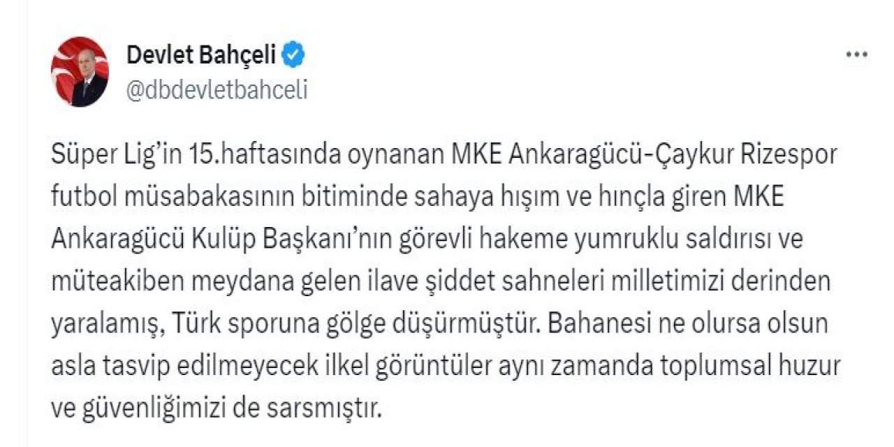 Bahçeli'den Hakem Meler'e Yönelik Saldırıya Kınama