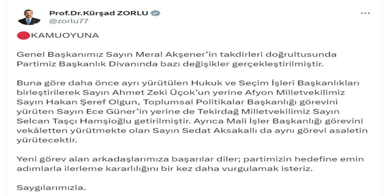 İyi Parti'de Görev Değişikliği