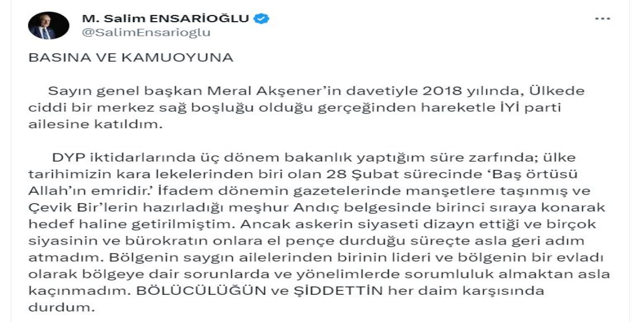 İyi Partili Ensarioğlu, Partisinden İstifa Etti