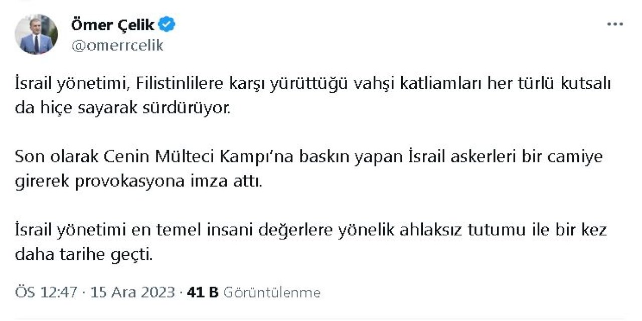 Ak Parti'li Çelik: İsrail'in Terörü Uluslararası Ceza Mahkemesi Konusu Olacak