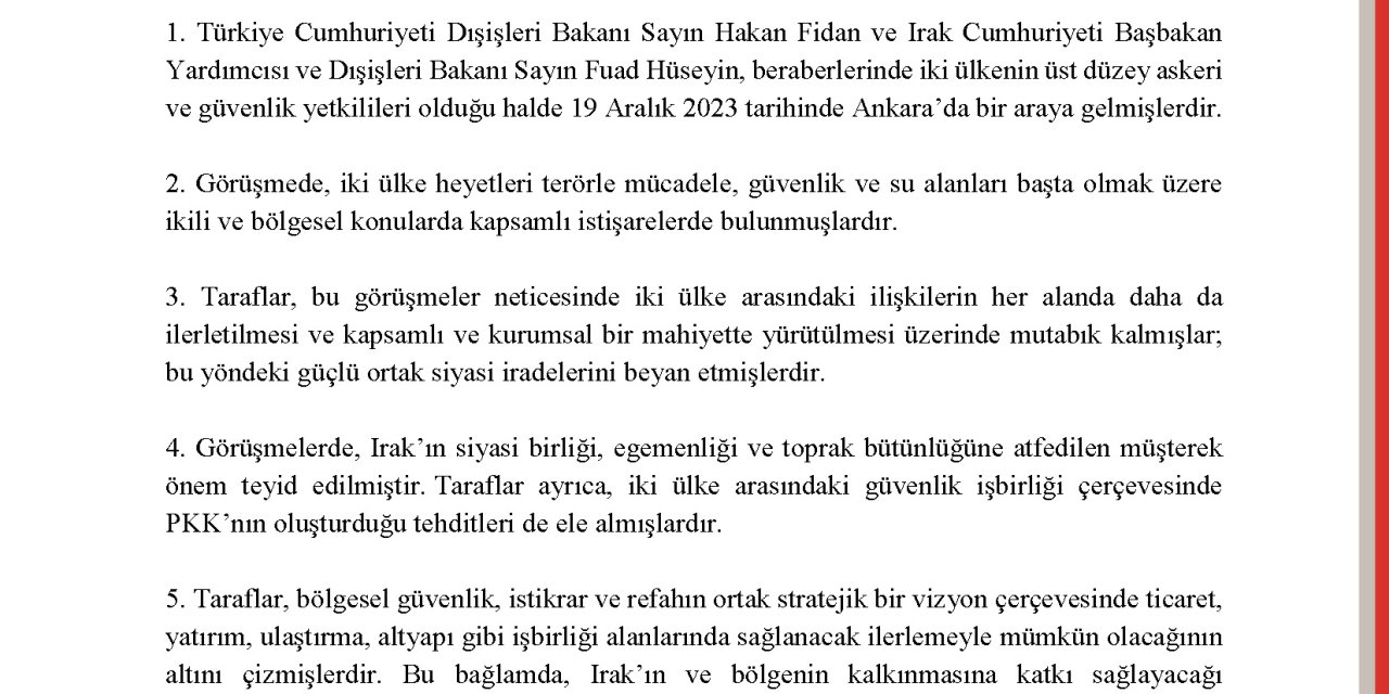 Türkiye Ve Irak Cumhuriyeti Görüşmesine İlişkin Ortak Sonuç Bildirisi ​